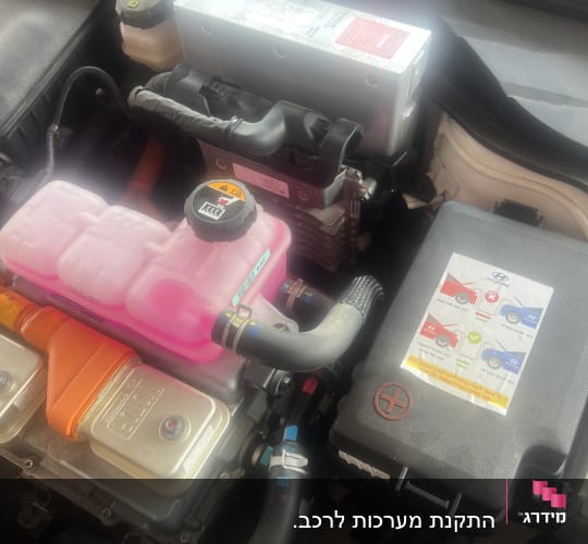 מנוע רכב עם חלקים שונים וצינורות